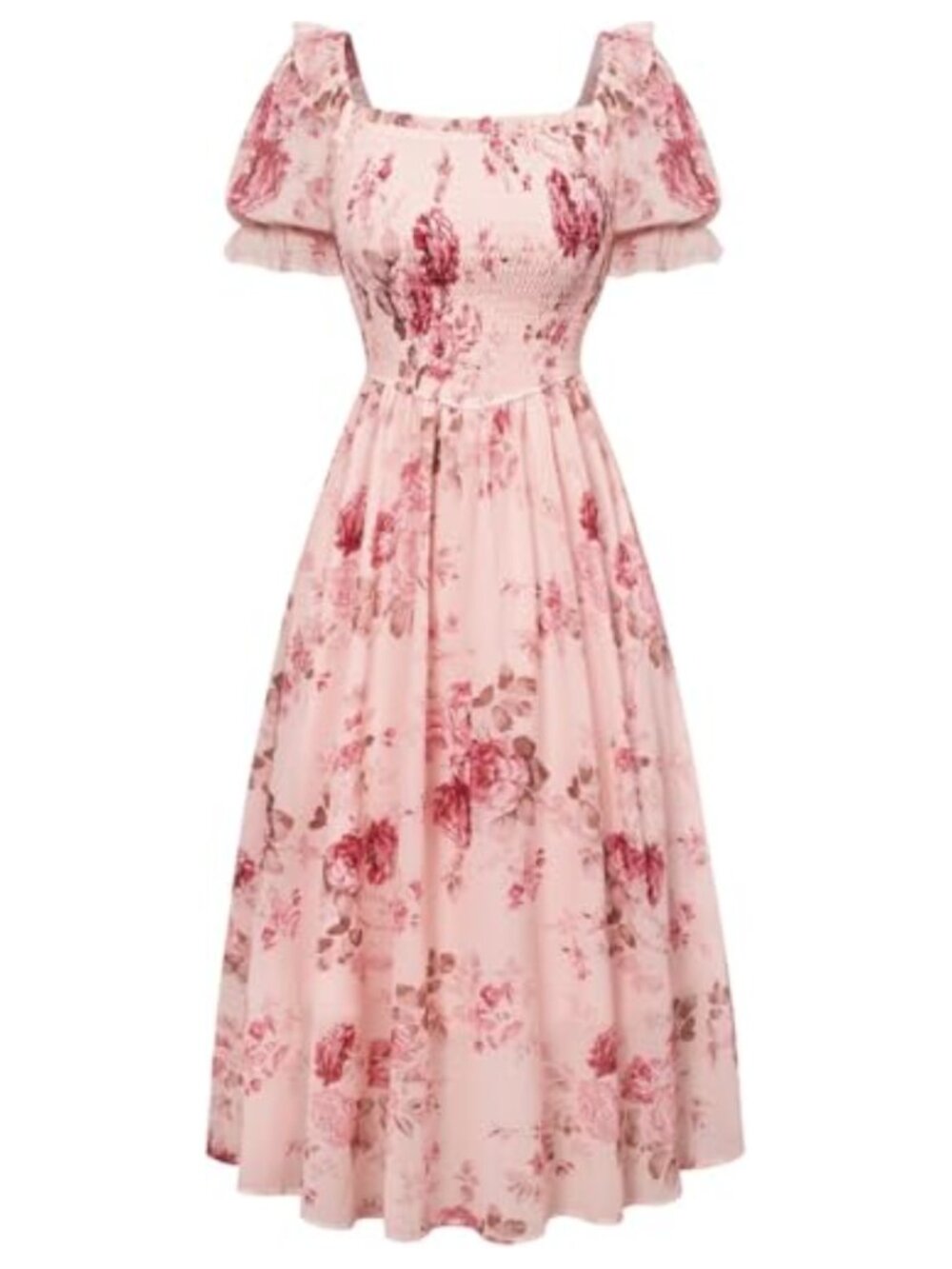 Women Floral Puff Sleeve Midi Dress Square Neck Smocked Bodice Casual